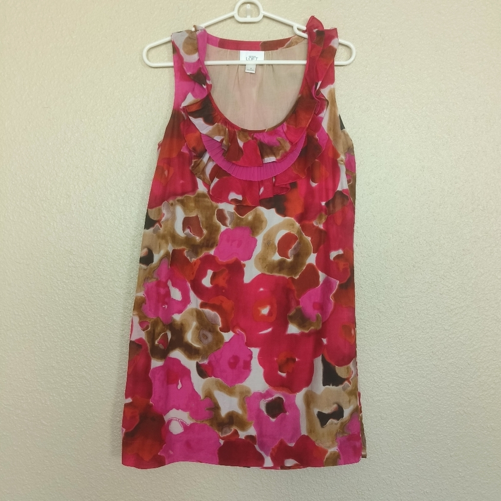 Ann Taylor‎ LOFT Pink Floral Cotton Silk Ruffle Neck Sleeveless Shift Dress S